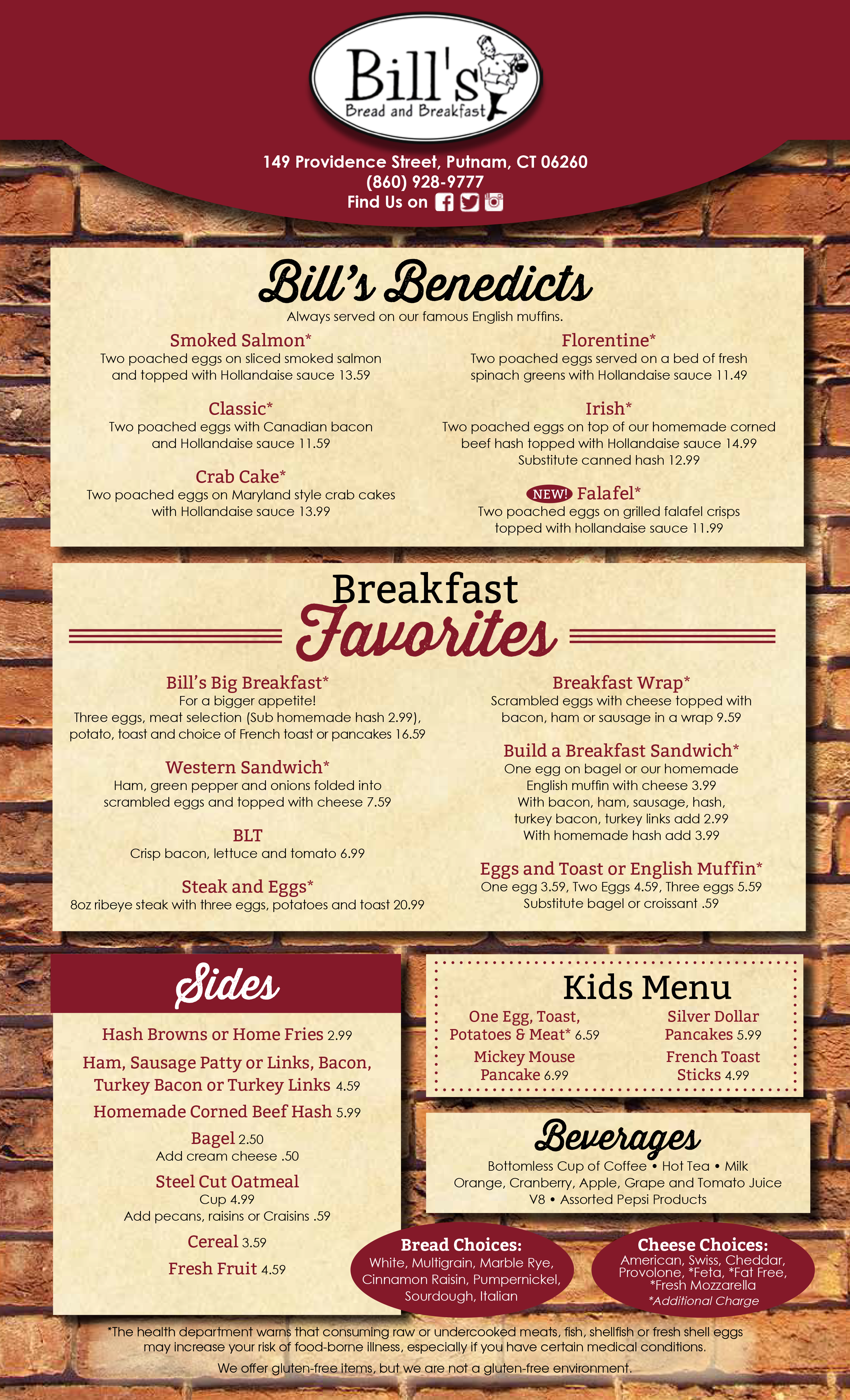 Bills shop breakfast menu